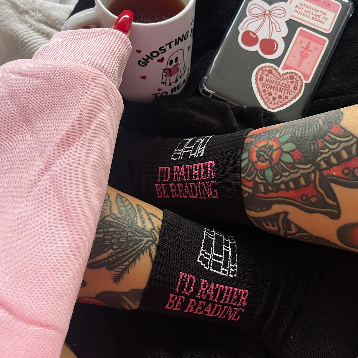 "RATHER BE READING", BLACK BOOK SOCKS