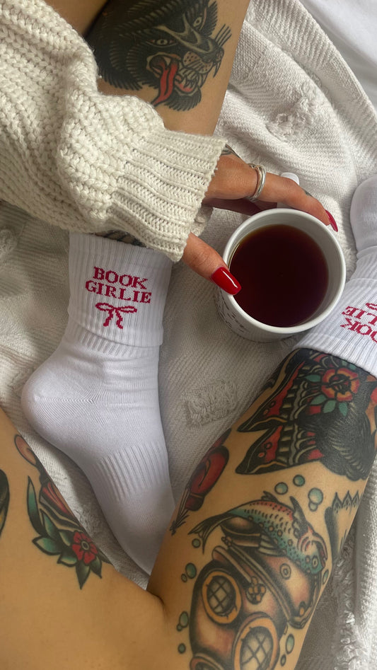 WHITE BOOK GIRLIE SOCKS (RED FONT)